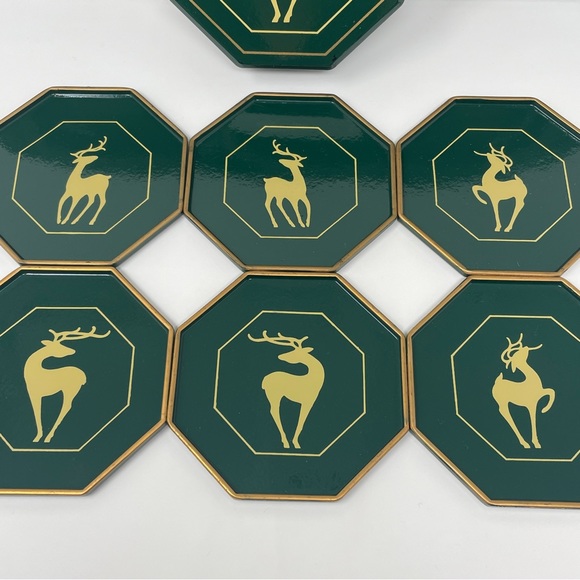 Vintage Serving Trays and Coasters Set Enesco Hunter Green Deer Made in Japan - Picture 3 of 16
